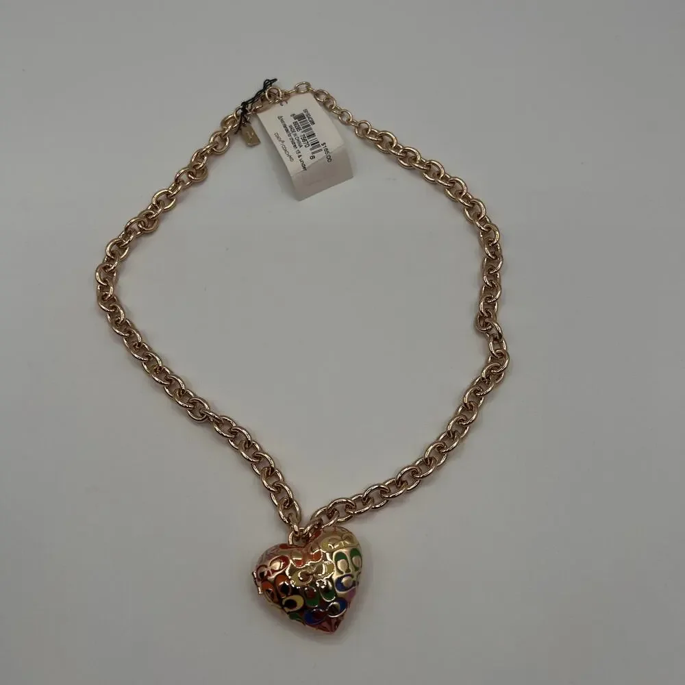 COACH Gold-Tone Enamel Heart Pendant Necklace-New with Case & Card